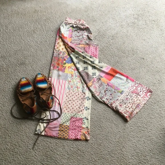 MULTI COLOR BOHO PATCHWORK WIDE LEG STRETCH SATIN PANTS - Picture 2 of 4